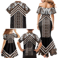 Maori Tukutuku Taniko Motifs Family Matching Mermaid Dress and Hawaiian Shirt Brown Poutama Mix Kowhaiwhai