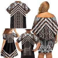Maori Tukutuku Taniko Motifs Family Matching Off Shoulder Short Dress and Hawaiian Shirt Brown Poutama Mix Kowhaiwhai
