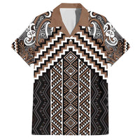 Maori Tukutuku Taniko Motifs Family Matching Off Shoulder Short Dress and Hawaiian Shirt Brown Poutama Mix Kowhaiwhai
