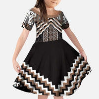 Maori Tukutuku Taniko Motifs Family Matching Puletasi and Hawaiian Shirt Brown Poutama Mix Kowhaiwhai LT7 Daughter's Dress Brown - Polynesian Pride