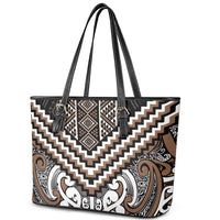 Maori Tukutuku Taniko Motifs Leather Tote Bag Brown Poutama Mix Kowhaiwhai