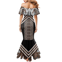 Maori Tukutuku Taniko Motifs Mermaid Dress Brown Poutama Mix Kowhaiwhai