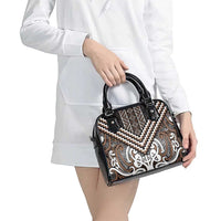 Maori Tukutuku Taniko Motifs Shoulder Handbag Brown Poutama Mix Kowhaiwhai