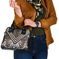 Maori Tukutuku Taniko Motifs Shoulder Handbag Brown Poutama Mix Kowhaiwhai