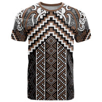 Maori Tukutuku Taniko Motifs T Shirt Brown Poutama Mix Kowhaiwhai
