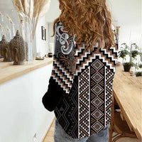 Maori Tukutuku Taniko Motifs Women Casual Shirt Brown Poutama Mix Kowhaiwhai