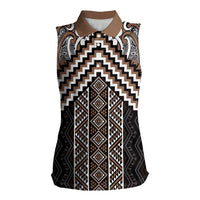 Maori Tukutuku Taniko Motifs Women Sleeveless Polo Shirt Brown Poutama Mix Kowhaiwhai