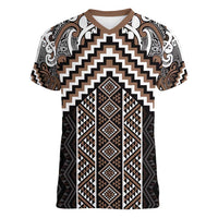 Maori Tukutuku Taniko Motifs Women V-Neck T-Shirt Brown Poutama Mix Kowhaiwhai