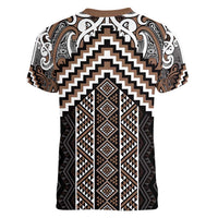 Maori Tukutuku Taniko Motifs Women V-Neck T-Shirt Brown Poutama Mix Kowhaiwhai