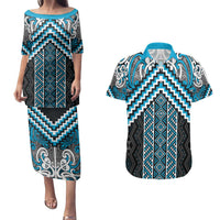 Maori Tukutuku Taniko Motifs Couples Matching Puletasi and Hawaiian Shirt Turquoise Poutama Mix Kowhaiwhai