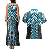 Maori Tukutuku Taniko Motifs Couples Matching Tank Maxi Dress and Hawaiian Shirt Turquoise Poutama Mix Kowhaiwhai