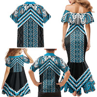 Maori Tukutuku Taniko Motifs Family Matching Mermaid Dress and Hawaiian Shirt Turquoise Poutama Mix Kowhaiwhai