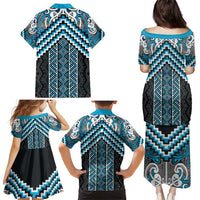 Maori Tukutuku Taniko Motifs Family Matching Puletasi and Hawaiian Shirt Turquoise Poutama Mix Kowhaiwhai