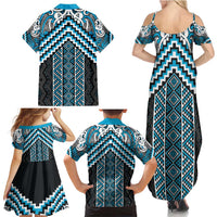 Maori Tukutuku Taniko Motifs Family Matching Summer Maxi Dress and Hawaiian Shirt Turquoise Poutama Mix Kowhaiwhai