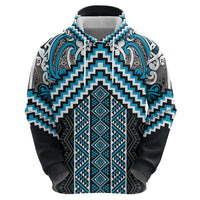 Maori Tukutuku Taniko Motifs Hoodie Turquoise Poutama Mix Kowhaiwhai