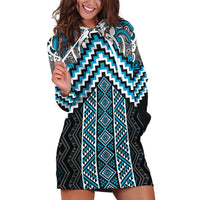 Maori Tukutuku Taniko Motifs Hoodie Dress Turquoise Poutama Mix Kowhaiwhai