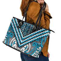Maori Tukutuku Taniko Motifs Leather Tote Bag Turquoise Poutama Mix Kowhaiwhai