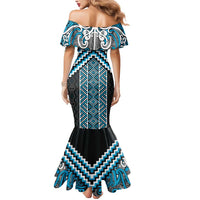 Maori Tukutuku Taniko Motifs Mermaid Dress Turquoise Poutama Mix Kowhaiwhai
