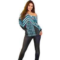 Maori Tukutuku Taniko Motifs Off Shoulder Sweater Turquoise Poutama Mix Kowhaiwhai