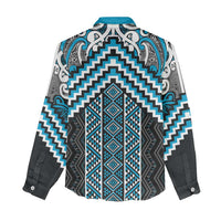 Maori Tukutuku Taniko Motifs Women Casual Shirt Turquoise Poutama Mix Kowhaiwhai