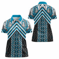 Maori Tukutuku Taniko Motifs Women Polo Shirt Turquoise Poutama Mix Kowhaiwhai