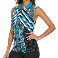 Maori Tukutuku Taniko Motifs Women Sleeveless Polo Shirt Turquoise Poutama Mix Kowhaiwhai