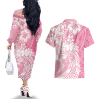 Polynesian Women's Day Couples Matching Off The Shoulder Long Sleeve Dress and Hawaiian Shirt Plumeria Passion - Pink LT7 - Polynesian Pride