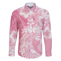 Polynesian Women's Day Family Matching Off Shoulder Short Dress and Hawaiian Shirt Plumeria Passion - Pink LT7 Dad's Shirt - Long Sleeve Pink - Polynesian Pride