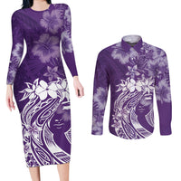 Polynesian Women's Day Couples Matching Long Sleeve Bodycon Dress and Long Sleeve Button Shirt Plumeria Passion - Purple LT7 Purple - Polynesian Pride