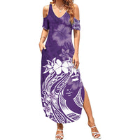 Polynesian Women's Day Family Matching Summer Maxi Dress and Hawaiian Shirt Plumeria Passion - Purple LT7 Mom's Dress Purple - Polynesian Pride