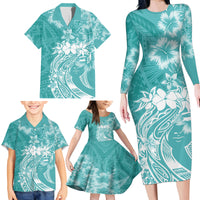 Polynesian Women's Day Family Matching Long Sleeve Bodycon Dress and Hawaiian Shirt Plumeria Passion - Teal LT7 - Polynesian Pride