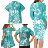 Polynesian Women's Day Family Matching Long Sleeve Bodycon Dress and Hawaiian Shirt Plumeria Passion - Teal LT7 - Polynesian Pride