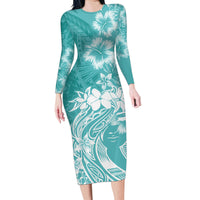 Polynesian Women's Day Family Matching Long Sleeve Bodycon Dress and Hawaiian Shirt Plumeria Passion - Teal LT7 Mom's Dress Teal - Polynesian Pride