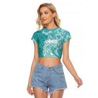 Polynesian Women's Day Raglan Cropped T Shirt Plumeria Passion - Teal LT7 Female Teal - Polynesian Pride