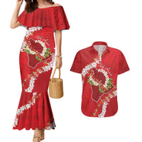 Hawaii Island Flowers Lei Couples Matching Mermaid Dress and Hawaiian Shirt Ohia Lehua Scarlet Red