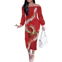 Hawaii Island Flowers Lei Family Matching Off The Shoulder Long Sleeve Dress and Hawaiian Shirt Ohia Lehua Scarlet Red