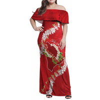 Hawaii Island Flowers Lei Family Matching Off Shoulder Maxi Dress and Hawaiian Shirt Ohia Lehua Scarlet Red