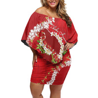 Hawaii Island Flowers Lei Family Matching Off Shoulder Short Dress and Hawaiian Shirt Ohia Lehua Scarlet Red