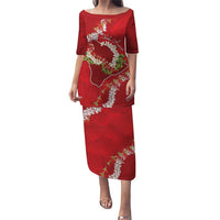 Hawaii Island Flowers Lei Family Matching Puletasi and Hawaiian Shirt Ohia Lehua Scarlet Red