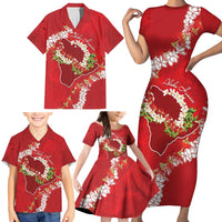 Hawaii Island Flowers Lei Family Matching Short Sleeve Bodycon Dress and Hawaiian Shirt Ohia Lehua Scarlet Red