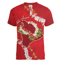 Hawaii Island Flowers Lei Women V-Neck T-Shirt Ohia Lehua Scarlet Red