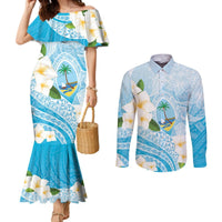 Guam Chamorro Guasali Flowers Couples Matching Mermaid Dress and Long Sleeve Button Shirt Aqua Gradient LT7 Aquamarine - Polynesian Pride