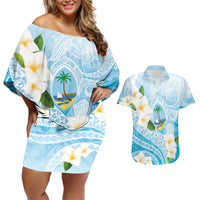 Guam Chamorro Guasali Flowers Couples Matching Off Shoulder Short Dress and Hawaiian Shirt Aqua Gradient LT7 Aquamarine - Polynesian Pride