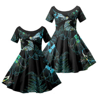 Aotearoa Maori Mahuru Family Matching Off The Shoulder Long Sleeve Dress and Hawaiian Shirt Spring Time - Paua Shell Green LT7 Daughter's Dress Black - Polynesian Pride