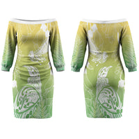 Aotearoa Maori Mahuru Tui With Pikawakawa Family Matching Off The Shoulder Long Sleeve Dress and Hawaiian Shirt Spring Time LT7 Mom's Dress Green - Polynesian Pride