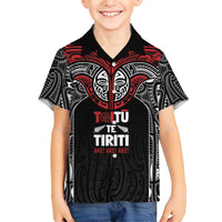 Aotearoa Maori Personalized Family Matching Off Shoulder Maxi Dress and Hawaiian Shirt Toitu Te Tiriti Ake! Ake! Ake! LT7 Son's Shirt Black - Polynesian Pride