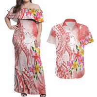 Polynesian Women's Day Wahine Couples Matching Off Shoulder Maxi Dress and Hawaiian Shirt Plumeria Marble Glaze - Pink LT7 Pink - Polynesian Pride