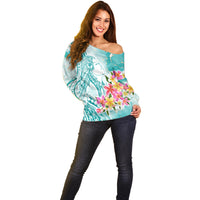 Polynesian Women's Day Wahine Off Shoulder Sweater Plumeria Marble Glaze - Teal LT7 - Polynesian Pride