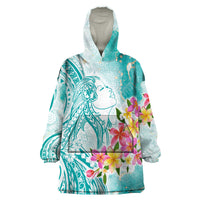 Polynesian Women's Day Wahine Wearable Blanket Hoodie Plumeria Marble Glaze - Teal LT7 One Size Teal - Polynesian Pride