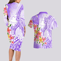 Polynesian Women's Day Wahine Couples Matching Long Sleeve Bodycon Dress and Hawaiian Shirt Plumeria Marble Glaze - Purple LT7 - Polynesian Pride